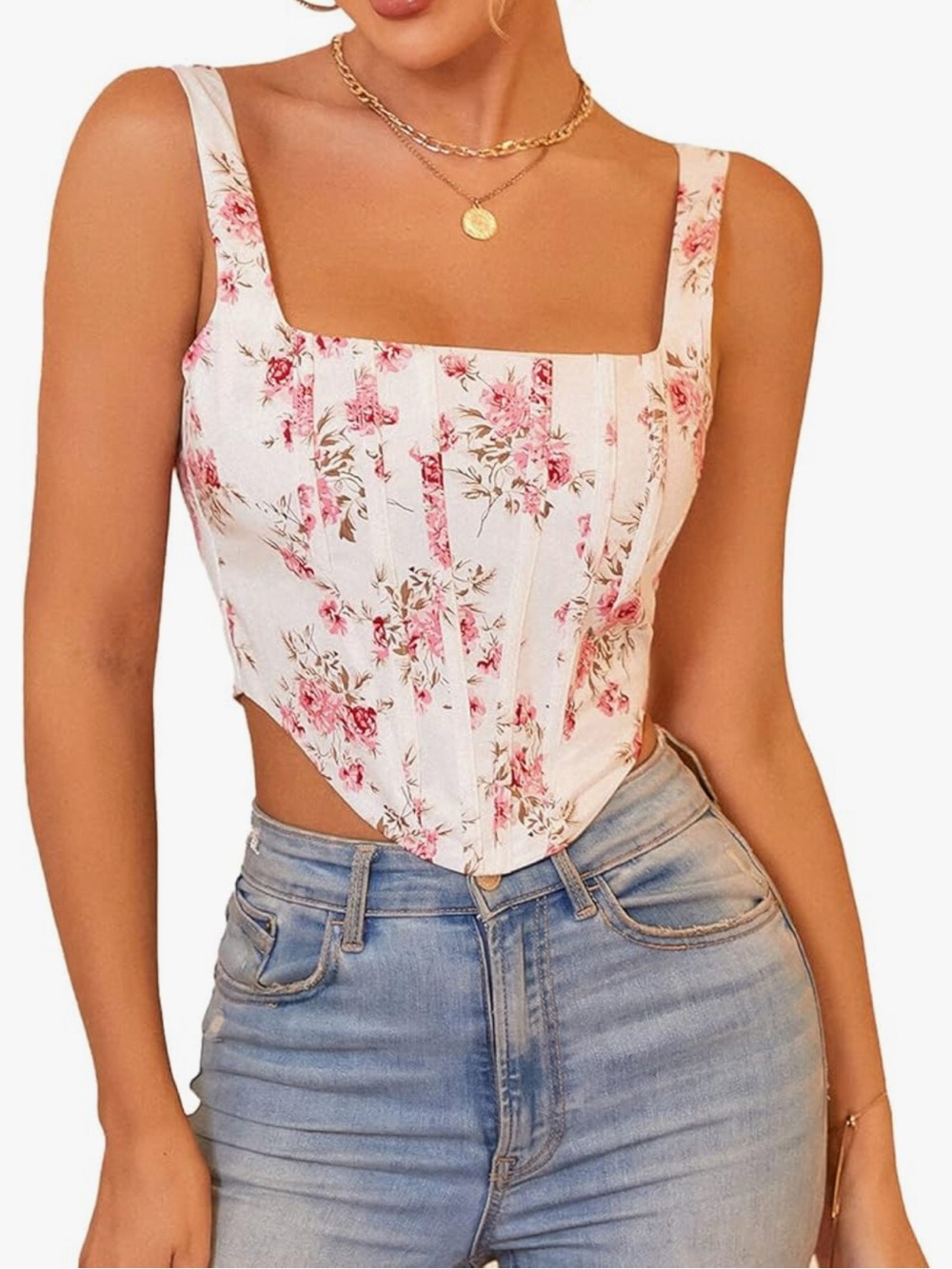 Floral Square Neck Corset Crop Top - White/Pink S
